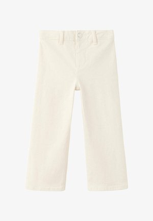 Pantalon large couleur crème avec passants pour ceinture, bouton et fermeture éclair à l'avant, présenté sur fond blanc.