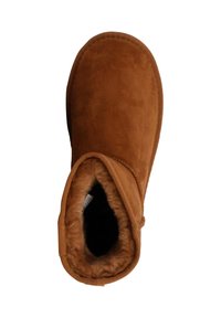 Stivaletti ankle in suede marrone con punta rotonda, morbida fodera in pelliccia sintetica e una cucitura lungo il bordo. Design semplice, senza hardware visibile.