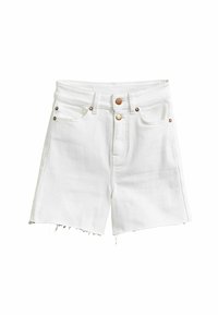 Weiße Denim-Shorts mit hoher Taille, ausgestattet mit fünf Taschen, kupferfarbenen Knöpfen und ausgefransten Säumen für einen lässigen Look.