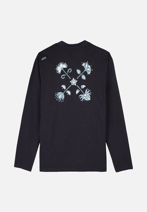 T-shirt à manches longues marine en coton, avec un motif floral bleu clair à l'arrière, un col rond et une coupe décontractée.