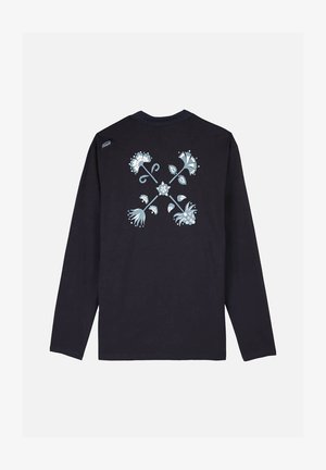 T-shirt à manches longues marine en coton, avec un motif floral bleu clair à l'arrière, un col rond et une coupe décontractée.