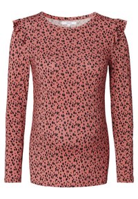 Langarm-Maternity-Oberteil aus weichem pinken Stoff mit schwarzem Punktmuster. Mit Rüschenakzenten an den Schulternähten. Figurbetontes Design.