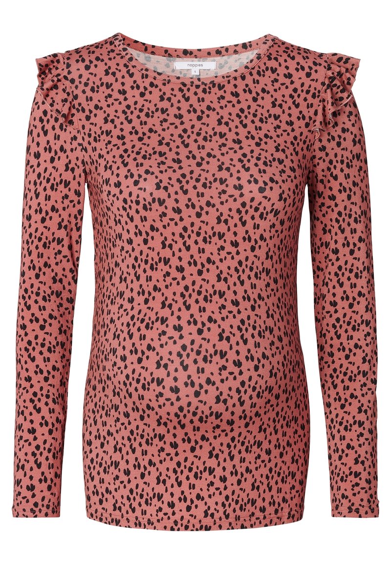 Langarm-Maternity-Oberteil aus weichem pinken Stoff mit schwarzem Punktmuster. Mit Rüschenakzenten an den Schulternähten. Figurbetontes Design.