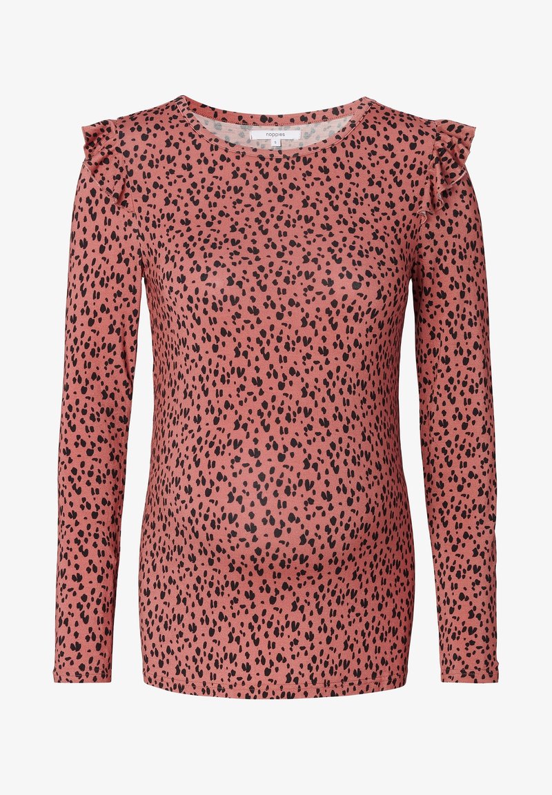 Langarm-Maternity-Oberteil aus weichem pinken Stoff mit schwarzem Punktmuster. Mit Rüschenakzenten an den Schulternähten. Figurbetontes Design.