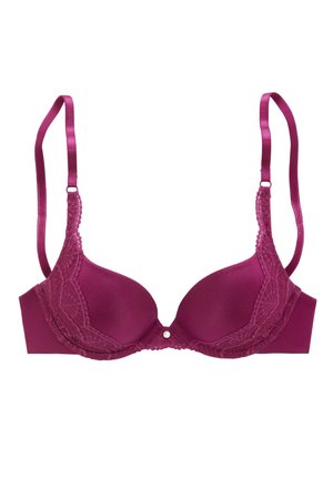 Reggiseno imbottito malva con bordi in pizzo e spalline in satin regolabili. Presenta un piccolo decorativo accento argentato al centro davanti.
