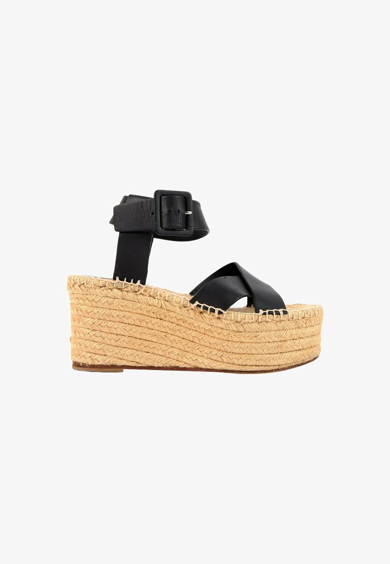 Sandale compensée avec semelle plateforme en paille tressée, brides croisées en cuir noir à l'avant et bride de cheville ajustable avec boucle carrée.