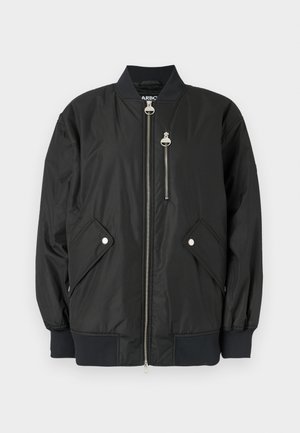 Blusão bomber preto com fecho de correr, gola canelada e punhos, bolsos laterais e um pequeno bolso no peito com fecho de correr. Feito de tecido liso e leve.