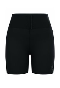 Zwarte sportshorts gemaakt van rekbaar materiaal, met een strakke pasvorm, een gladde textuur en een geborduurd logo op de onderkant aan de linkerzijde.