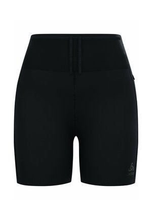 Schwarze Sportshorts aus dehnbarem Material, mit einem taillierten Design, glatter Textur und einem gestickten Logo auf der unteren linken Seite.