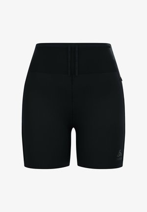 Schwarze Sportshorts aus dehnbarem Material, mit einem taillierten Design, glatter Textur und einem gestickten Logo auf der unteren linken Seite.