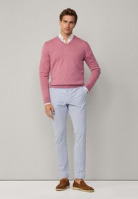 Maglione rosa a scollo a V, camicia bianca sotto, pantaloni a righe blu e bianche, scarpe slip-on in suede marroni, in piedi su uno sfondo neutro.