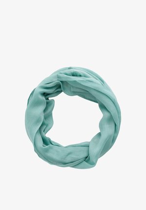 Écharpe infinie en tissu doux de couleur turquoise clair, torsadée en boucle circulaire sur fond blanc.
