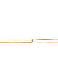 Goldfarbene Kettenhalskette mit quadratischen Gliedern, die ein schichtendes Design aufweist und ein sichtbares Knotendetail zur Verbindung von zwei Strängen zeigt.