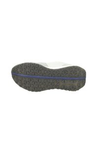 Shoe sole featuring a gray rubber surface with a geometric pattern, textured for grip, and a blue accent stripe.