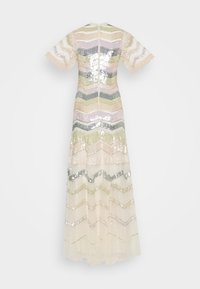 Robe longue à manches courtes avec motifs en sequins en zigzag de couleurs pastel et bordure en dentelle transparente aux manches et à l'ourlet.