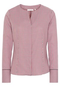 Blusa a maniche lunghe a quadri rossi e blu con scollatura rotonda e chiusura frontale discreta. Presenta bordi neri sulle maniche e una vestibilità sagomata.