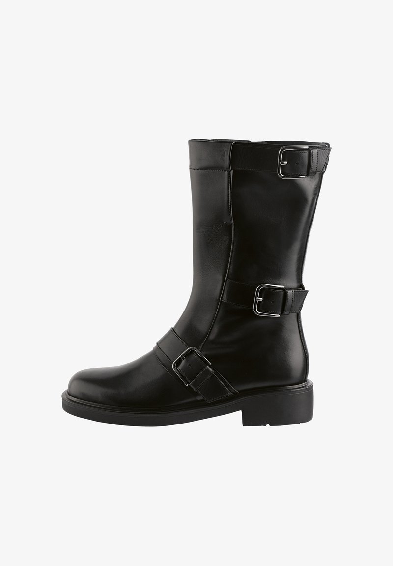 Czarne skórzane wysokie buty na kolano z dwoma dekoracyjnymi metalowymi klamrami i grubą gumową podeszwą. Gładka tekstura z zaokrąglonym czubkiem.