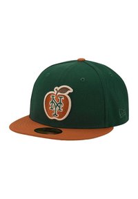 Green cap with a brown visor, featuring a stitched orange apple logo and "NY" in green, made from textured fabric.