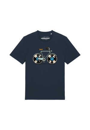 Dunkelblaues T-Shirt mit einem Fahrradmotiv, bei dem die Räder wie Vinyl-Schallplatten aussehen und braune Akzente am Lenker und Sitz mittig auf der Vorderseite.