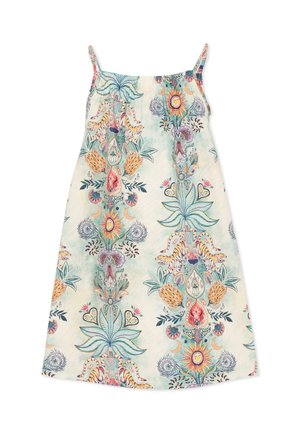 Robe sans manches, coupe trapèze avec fines bretelles, arborant des motifs colorés de fleurs et de soleil sur un fond clair.