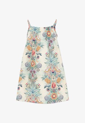 Sukienka bez rękawów o kroju litery A, z cienkimi ramiączkami, zdobiona kolorowymi kwiatowymi i słonecznymi wzorami na jasnym tle.
