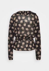 Blouse imprimée florale en tissu noir transparent, manches longues, col à volants, taille ceinturée et bas à volants.