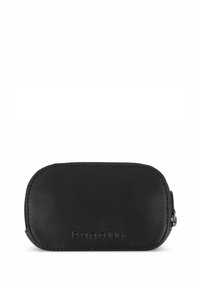 Black leather zippered case with rounded edges, featuring embossed logo and smooth texture. Compact design suitable for various uses.