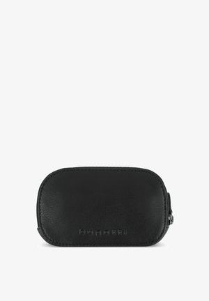 Black leather zippered case with rounded edges, featuring embossed logo and smooth texture. Compact design suitable for various uses.