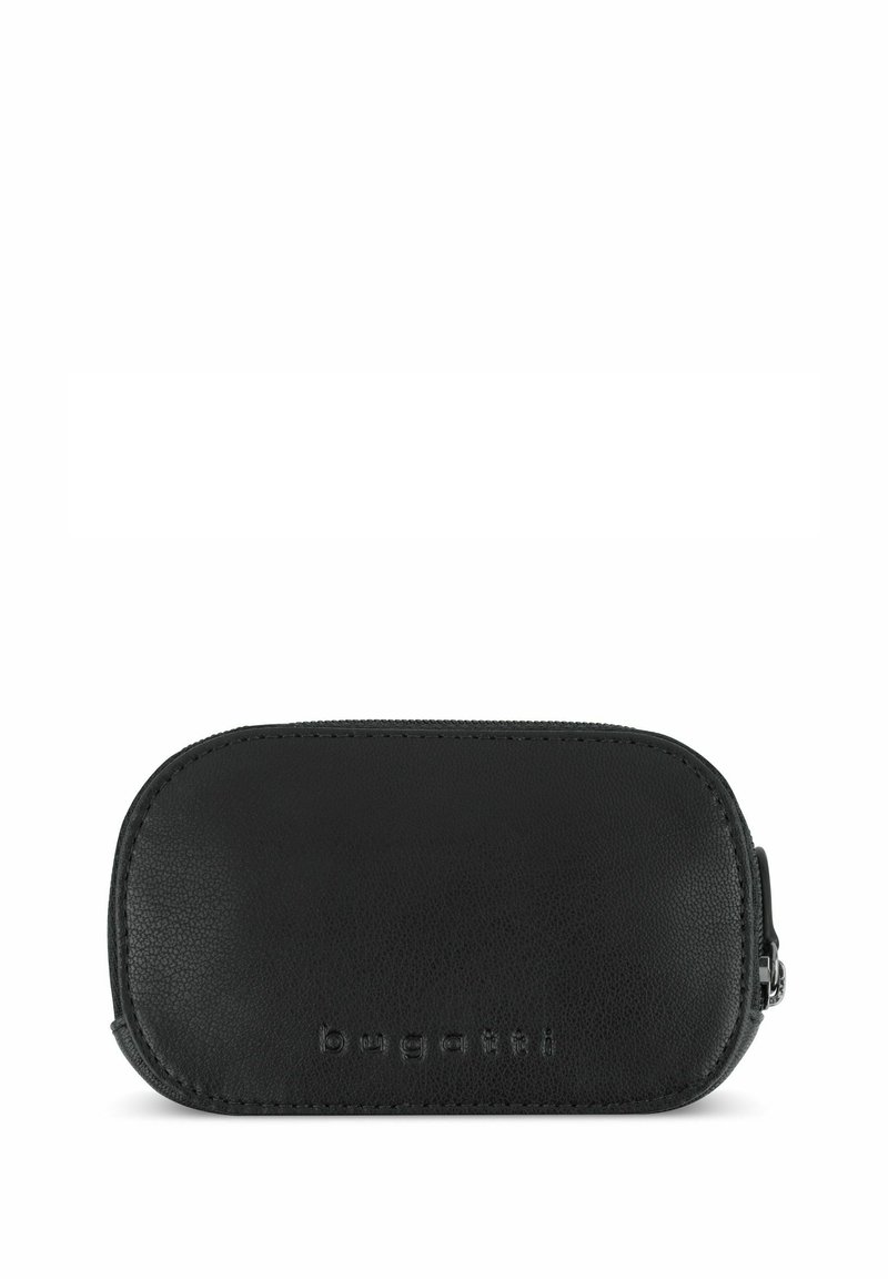 Black leather zippered case with rounded edges, featuring embossed logo and smooth texture. Compact design suitable for various uses.