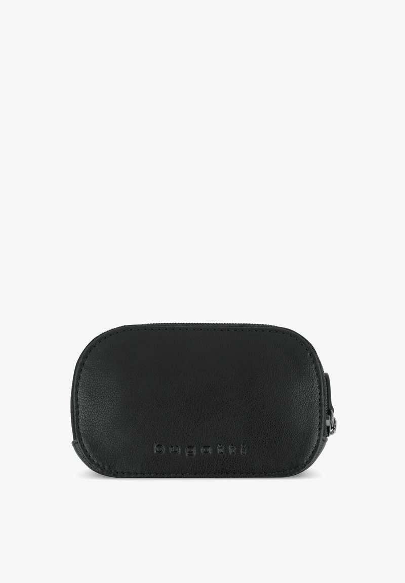 Black leather zippered case with rounded edges, featuring embossed logo and smooth texture. Compact design suitable for various uses.