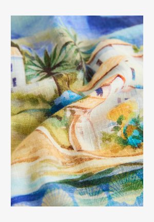 Krāsaina, viegla auduma ar ziedu un ainavas rakstu. Raksturīga maiga, caurspīdīga tekstūra ar sarežģītiem palmu koku un ēku detaļām.