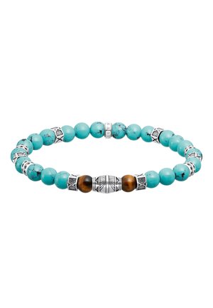 Stretch bracelet with round turquoise beads, brown tiger's eye beads, and silver decorative spacers.