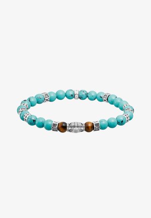Stretch-Armband mit runden Türkisperlen, braunen Tigeraugenperlen und silbernen dekorativen Abstandshaltern.