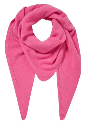 Miękki różowy trójkątny szalik, złożony z ostrymi końcami zwisającymi w dół, wykonany z teksturowanej dzianiny.