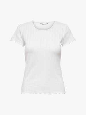 Hvid kortærmet ribstrikket top med subtilt lodret hulmønster, rund halsudskæring og flæsekant på ærmer og nederkant.