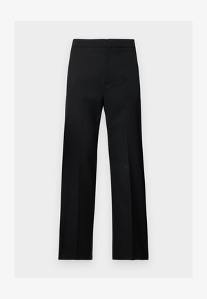 Pantaloni formali negri, cu picior drept, talie înaltă și un design curat, minimalist, expuși pe un fundal simplu, deschis la culoare.