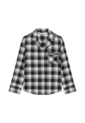 Camicia a quadri bianco e nero, maniche lunghe, chiusura a bottoni sul davanti, taschino sul petto, tessuto morbido, colletto classico, design a motivo quadrato.