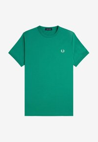 T-shirt verde in cotone con colletto rotondo, maniche corte e un piccolo logo bianco ricamato sul lato sinistro del petto. Tessuto morbido, design casual.