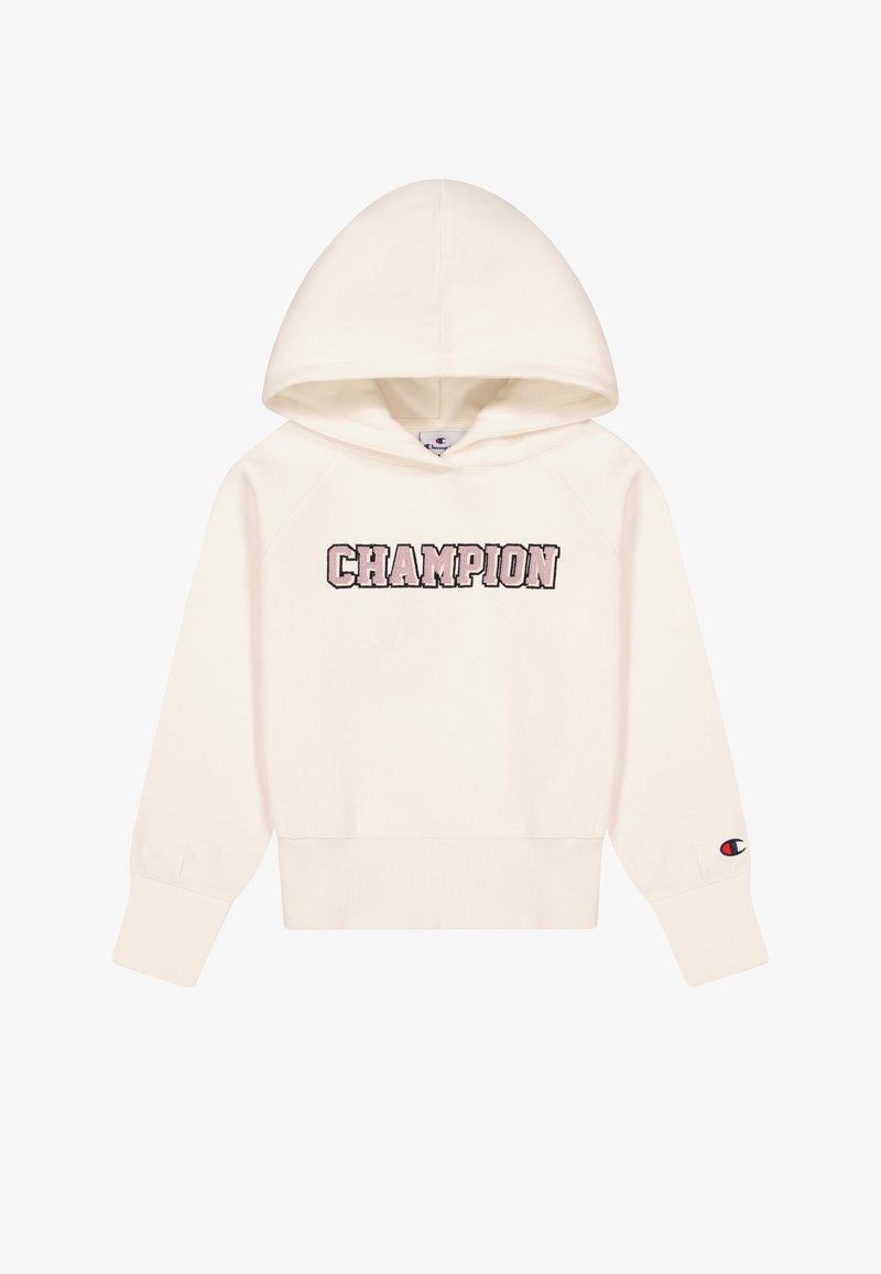 Sweat à capuche couleur crème avec poche kangourou à l'avant, "CHAMPION" brodé en rose pâle, et poignets côtelés. Dispose d'une capuche réglable par cordon.