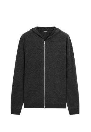 Mørkegrå zip-up hættejakke lavet af blødt stof, med en frontlynlås, hætte og lange ærmer med ribstrik ved håndleddene. Ingen mønstre eller accenter.