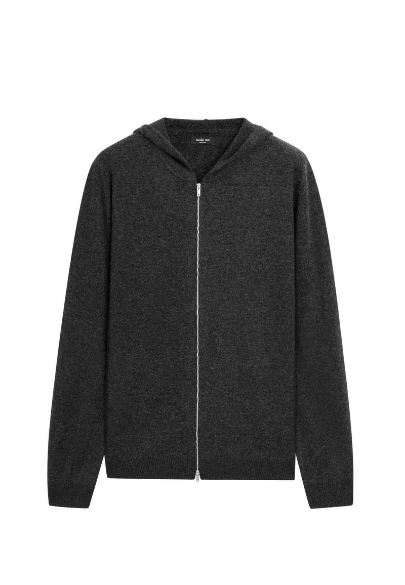 Felpa grigia scura con zip, realizzata in tessuto morbido, dotata di una chiusura frontale, cappuccio e maniche lunghe con polsini a costine. Senza fantasie o dettagli.