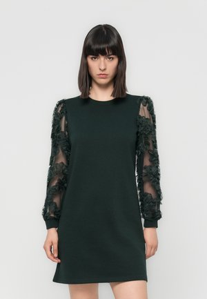 Robe vert foncé avec un col ras du cou et de longues manches transparentes ornées d'appliqués floraux texturés. Tissu lisse avec une coupe décontractée.