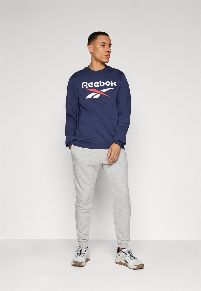 Granatowy sweatshirt z białym i czerwonym logo Reebok, zestawiony z jasnoszarymi spodniami dresowymi. Model ma na sobie białe i szare trampki z teksturowaną podeszwą.