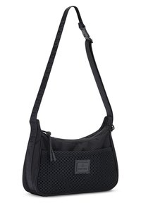 Fekete válltáska sima és hálós anyag keverékéből, ívelt formával, állítható pánttal és logós részlettel az elülső panelen.