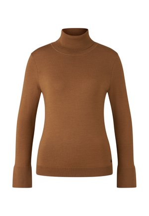 Pull en maille marron à manches longues avec col roulé, poignets et ourlet côtelés, présenté sur fond blanc.