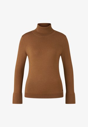 Brun langærmet rullekravesweater med ribbet krave, manchetter og kant, vist på hvid baggrund.