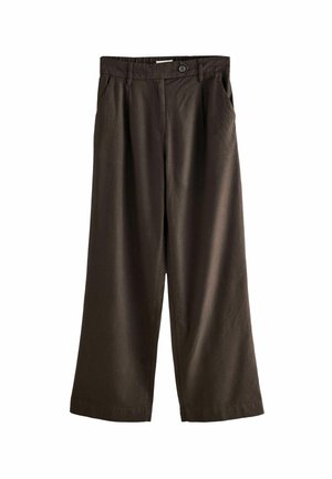 Dunkelbraune Hosen mit weitem Bein, Gürtelösen, vorne mit Knöpfen und Taschen, vor weißem Hintergrund präsentiert.