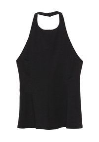 Sort halterneck-top med tætsiddende bodice, glat tekstur og åbent rygdesign. Minimalistisk stil uden mønstre eller udsmykninger.