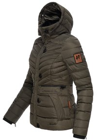 Olive green puffer jacket with a hood, featuring horizontal quilting, black buttons, zippered pocket, and textured fabric accents.
