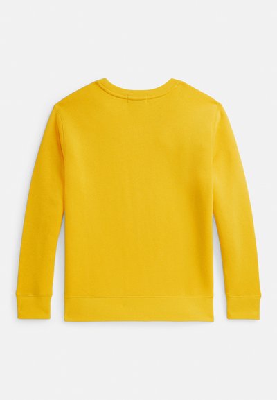 Dzeltena sporta džempera ar apaļu kaklu, garām piedurknēm un ribotām apakšmalām un aprocēm. Gluda tekstūra un vienkrāsains audums bez rakstiem vai izcēlumiem.